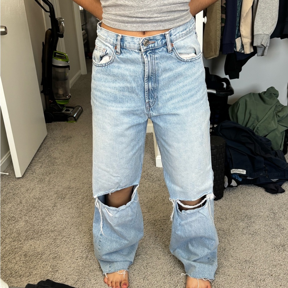 Zara Light Blue Distressed Boyfriend Jeans